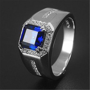 Klassische quadratische blaue Kristall-Saphir-Edelsteine und Diamanten-Ringe für Herren, Weißgold, Silberfarbe, Bague-Schmuck, Accessoire-Geschenke