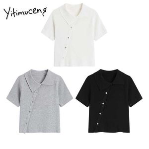 Yitimuceng t shirts kvinna knäppas upp raka tees asymmetriska toppar unicolor vit grå svart sommar koreansk mode tshirts 210601