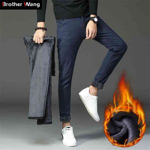 Winter Męskie Ciepłe Spodnie Casual Business Fashion Slim Fit Stretch Grube Spodnie Mężczyzna Marka Khaki Navy Gray 210715