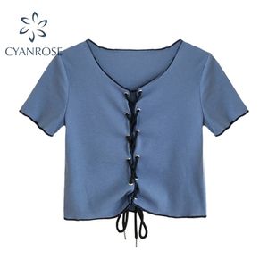 Colheita das mulheres camiseta para senhoras cardiagan Lace-up manga curta verão t-shirt sexy slim v-decote partido clube streetwear tops 210515