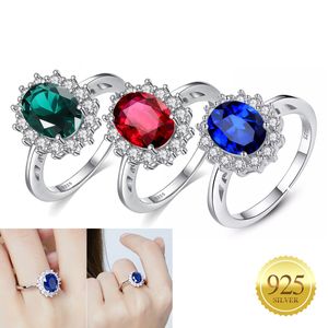 925 Sterling Silver Wedding Ring Princess Diana Kate Middleton Skapat klass ädelsten Birthstone Ruby Sapphire Emerald Halo uttalande Engagemang Ringar för kvinnor