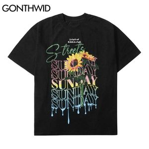 Hip Hop Tshirts Graffiti Letters Sunflowers Tees Shirts Streetwear hajuku Bomull T-shirts Fashion Short Sleeve Tops 210602