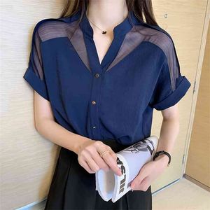 Mode Weibliche Mesh Nähte Blusen Chiffon Casual Shirt Büro Damen Bluse Sommer für Frauen 210507