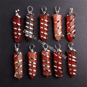 Röd Agat Quartz Crystal Terminated Point Spiral Wire Wrap Pendant Handgjorda Chakra Healing Gold Silver Plated Faceted Pekad Naturlig Carnelian Ädelsten Charms