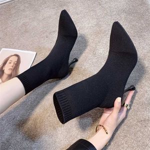 Autumn High Kitten Heels Women's Shoes Pointed Toe Stiletto Boots Black Stretch Thin Socks Boots Marti Boots Sexy 211020