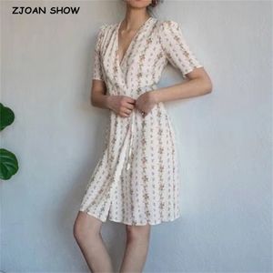 Francuski V Neck Front Szlifierki Kwiatowy Wrap Sukienka Wakacyjna Kobieta Krawata Łuk Lace Up Waist Z Krótkim Rękawem Herbata Suknie Vestido 210429