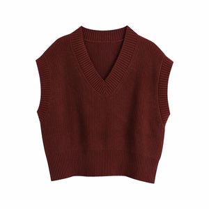 Vintage Woman Burgundy Loose V Neck Knitted Short Vest Autumn Oversized Soft Sleeveless Sweaters Female Casual Tops 210515