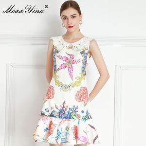 ファッションデザイナーのドレス夏の女性のドレス長袖のビーズクリスタルコインシェルヒトデプリントドレス210524