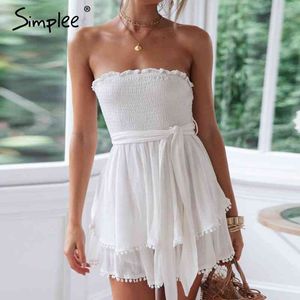 Off shoulder ruched women linen jumpsuit Summer tassel white cotton plus size romper Sexy holiday beach overall jumpsuts 210414