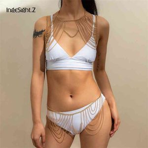 IngeSight.Z Metal Mesh Tassel Chest Bra Bikini Suit Female Sexy Summer Beach Underwear Lingerie Chain Thong Panties Body Jewelry