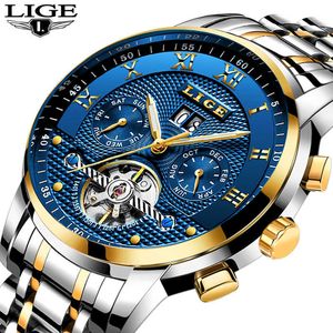 Lige marca assistir homens top luxo relógio mecânico automático homens relógio de aço inoxidável relógios relogio masculino 210527