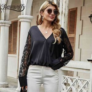 Surplice Neck Lace Rękaw Top Bluzka Kobiety Wiosna Czarny Długi Elegancki Seksowny Szyfonowy Krótki styl 210510