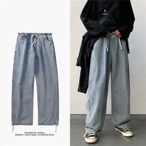 Koreansk stil lös brett ben jeans för män blå baggy denim byxor kpop kläder mode y ulzzang cargo male 211108