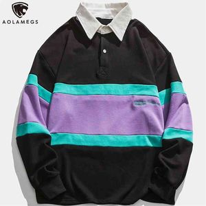 AOLAMEGS Retalhos Listrados Supershirts Homens Hoodies Moda Casual Anime Anime Solto Retro Jumper Harajuku Hip Hop Streetwear 210728