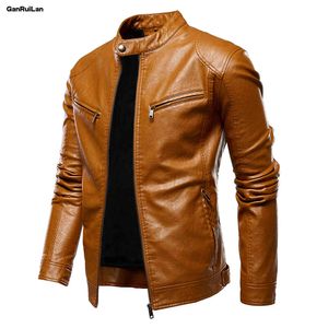 Style Men Casual Leather Jacket Winter Warm Thick Male PU Coats Streetwear Solid Fashion Leather Bomber Jacket Zipper 210518