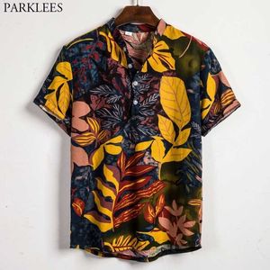 Fashion Henley Neck Floral Mens Hawaiian Shirts Short Sleeve Casual Tropical Aloha Shirt Men Cotton Breathable Chemise Homme 3XL 210522