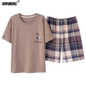 Męskie Duży Rozmiar Lounge Wear Moda Bawełniana Piżamy Letnie Szorty PJ Set Pullover Haftowane Odznaka Stylowa Plaid Homewear 3XL 4XL 210918