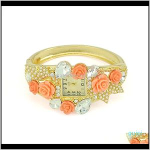 Idealway European Fashion Style Wide Gold Bangle Watch Rhinestone Alloy Bracelets Wristwatch Zkcna Wristwatches 9M6Fw