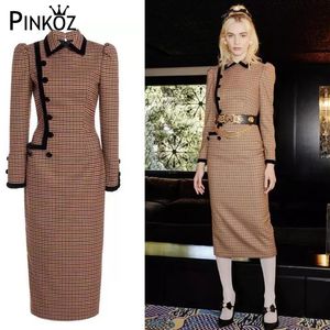 runway elegant plaid turn down colla autumn winter tops long sleeve pencil midi dress office lady buttons high quality 210421