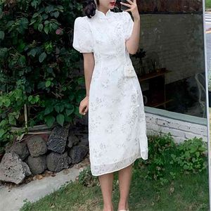 Chein Style Cheongsam Party Dress Kobiety Krótki Rękaw Puff Bodycon Sukienki Elegancki Vintage Floral Print Kobiet Vestidos 210519