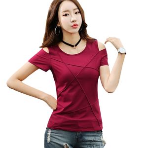 summer Fashion plus size off shoulder tshirt short sleeve women tops Solid color hole casual blusas 3022 210623