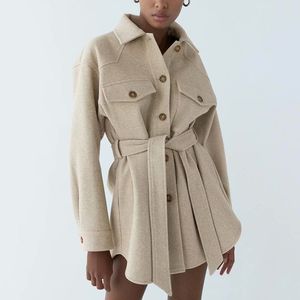 BLSQR Мода с ремень Свободные шерстяные куртки пальто Женщины винтажные карманы с длинным рукавом Женская верхняя одежда CHIC Overcoat Tops 210430