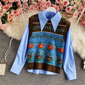 Vintage Crochet Sweater Floral Colete O-Neck Sem Mangas Coreano Coreano Malha De Malha Solta Cores Camisa Camisa Tops 210422