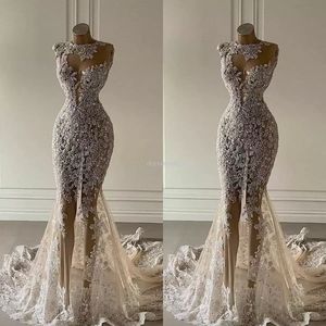 2022 Nya Crystal Mermaid Wedding Dresses See Through Lace Appliqued Bridal Clows Luxurious Sequined Dubai Wedding Dress Anpassa CC