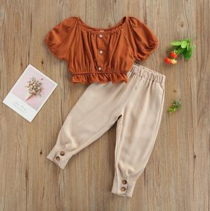 Dzieci Baby Girl Ubrania Zestawy Krótki Rękaw Wzburzony Crop Tops Bluzka + Belki Stóp Długie Spodnie 2021 Lato Moda Dzieci