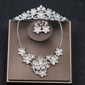 Ohrringe Halskette Silber Farbe Brautschmuck Perlenohrring Kronen-Sets Tiara Strass Hochzeitsaccessoires Kristall