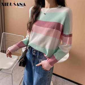 Maglietta da donna in maglia a righe arcobaleno Maglietta che tocca il fondo Pullover Primavera Autunno Manica lunga Donna Maglione O-Collo T-shirt 210423