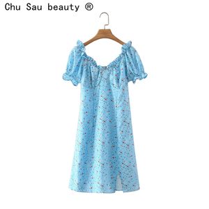 summer blue square collar vintage floral print split puff sleeve mini dress women vestido de mujer 210508