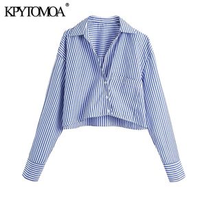 Women Fashion With Pockets Striped Cropped Blouses Long Sleeve Button-up Female Shirts Blusas Chic Tops 210420