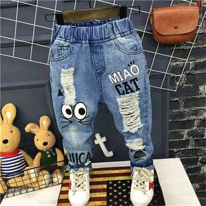 Neue Mädchen Jeans Frühling Herbst Kinder Hosen 1-7Yrs Baby Jungen Mädchen Jeans Jungen Casual Loch Hosen Cartoon Katze Jeans für Kinder 210317