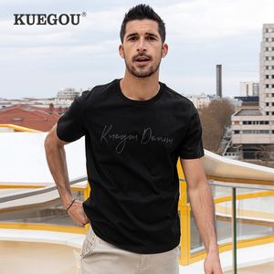 Kuegou 100% bomullskläder för män med kort ärm för modebrev Tshirt Summer Högkvalitativ topp Plus-storlek ZT-90001 210524