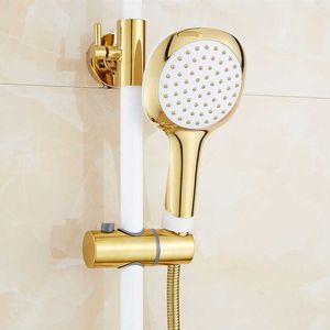 White&Gold Wall Mounted Ultrathin Shower Head + Handheld Shower Head + 150cm Srainless Steel Shower water Hose 210724