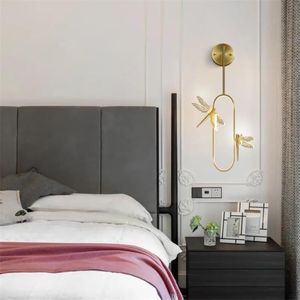 Vägglampa Nordic Luxury Golden Dragonfly Light Modern Barnrum Led Bedside Living Corridor Aisle Trapp Lampor