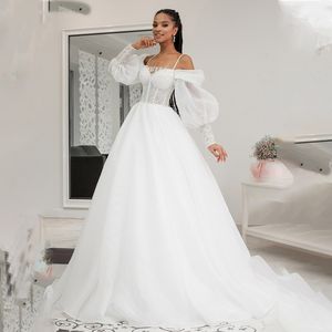 Plaża Suknie ślubne 2022 Long Tulle Koronki Vintage Suknia Ślubna A-Line Court Train Podłączanie V-Neck Vestido de Noiva