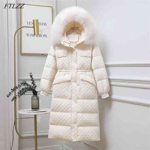 冬の女性の大きな自然の毛皮の襟長いパーカー厚い暖かい90％ホワイトアヒルコートスリーブスノージャケット210430