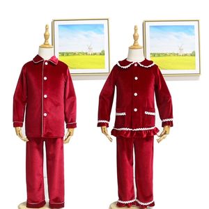 Button With Lace Ruffle Kids Sleepwear Children Nightwear Boys And Girls Christmas Red Velvet Pyjamas 211109