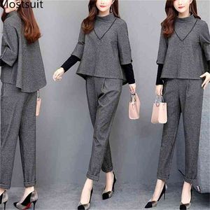 Herbst Grau Elegante Zweiteilige Sets Outfits Frauen Plus Größe Gefälschte Stücke Tops und Hosen Anzüge Büro Koreanische Damen 210513