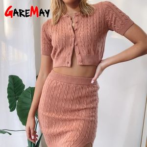 Strickgerippte Damen-Zweiteiler-Sets, kurze Ärmel, lockere, figurbetonte Outfits, Knopfstrick-Top und Rock 2 für 210428