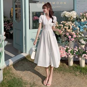 V Boyun Tek Meme Tasarım A-line Elbise Kadınlar Yüksek Bel Draped Vestidos Puf Kısa Kollu Robe Yaz 210529