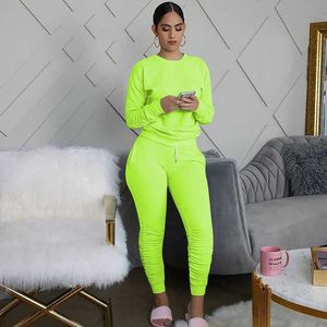 Neon verde sweatsuits para mulheres dois pedaço conjunto de manga longa top e empilhado calças de suor conjunto outono tracksuit mulheres 2 peças outfits y0625