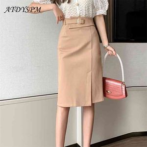 Vår sommar Kvinnor Kjolar Högt midja Split Straight Elegant Black Khaki Midi Skirt Office Lady Stretch Wrap Höft 210708