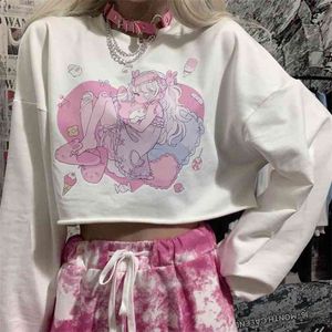 Harajuku kawaii söt tecknad anime tjej tryckt t-shirt långärmad vit t-shirt söta toppar lösa pullovers kvinna kläder 210623