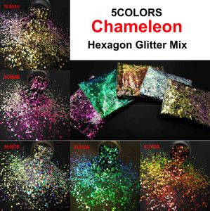 5Colors Chameleon Glitter Mixed Metallic Luster Hexagon Shape Nail Art For Craft Dekorationer Makeup Facepainting DIY Tillbehör