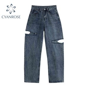 Jeans das mulheres rasgadas Baggy Vintage High Waist Boyfriends Mamãe Y2K Denim Streetwear E-menina Calças de brim da perna larga coreana Verão 210417