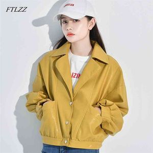 Kvinnor Slim Black Yellow Leather Jacket Oversized Streetwear Single Breasted PU Coats Casual Biker Outwear 210430