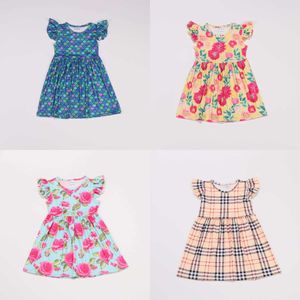 Girlymax Baby Girls Summer Children Clothes Milk Silk Mermaid Floral Plaid Short Sleeve Twirl Dress Knee Length Q0716